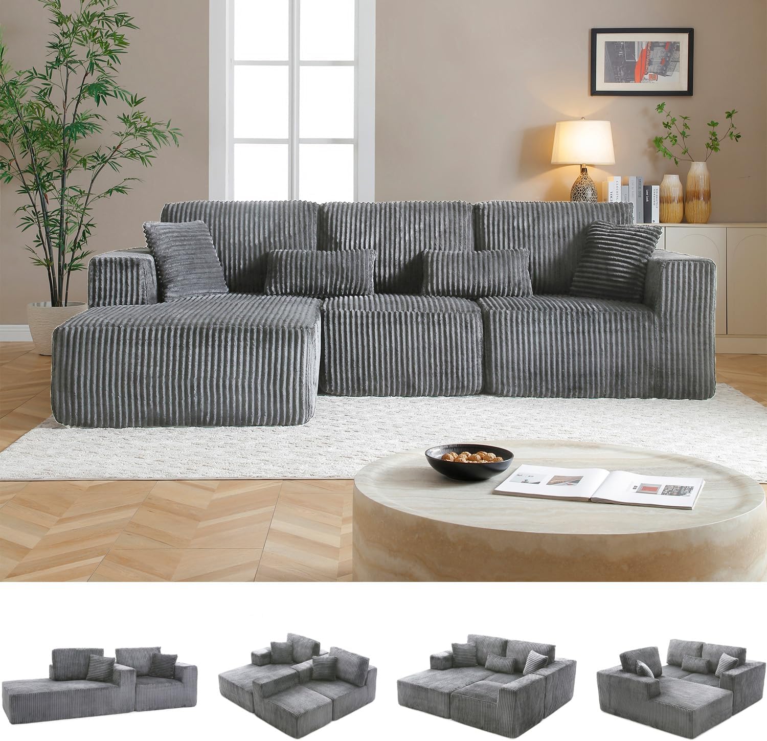 Cloud Sectional Couch, 110 Inch Modern Modular Sectional Sofa with Deep Seat, Corduroy Boneless Couches with L-Shape Left Chaise for Living Room Bedroom, No Assembly Required