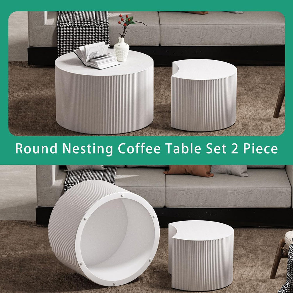 Round Nesting Coffee Table Set 2 Piece (A White 27.56 in) | Drum Modern Stack...