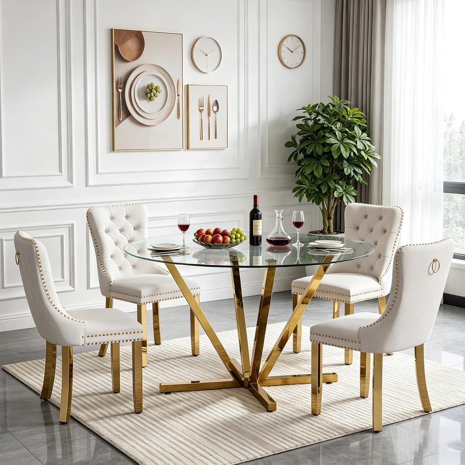 HomVent Round Glass Dining Table Set for 4,Circle Glass Kitchen Table Set | 45'' Small Dining Room Set Glass Dinner Table Set with 4 Velvet Dining Chair for Kitchen Dining Room Family Gathering