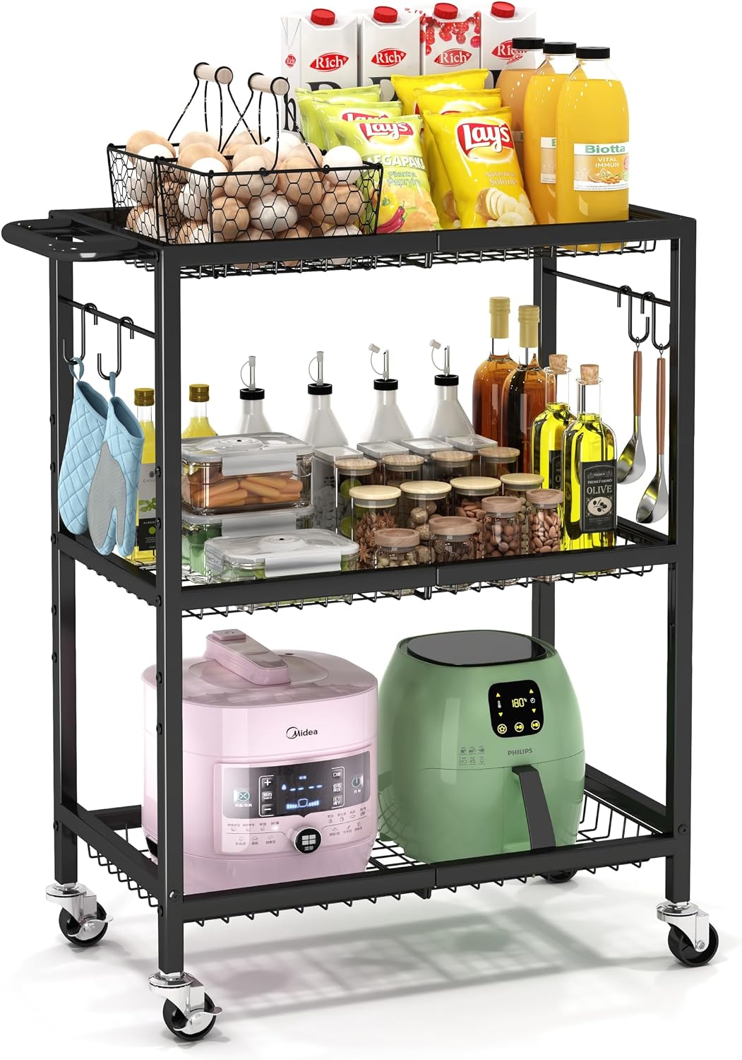 3-Tier Rolling Cart, Space-Saving Kitchen Cart with 150Lbs Capacity, Black Storage Cart with 2 Lockable Wheels for Kitchen Island, Restaurant, Garage, Backyard（No Wooden Boards, Lightweight Version）
