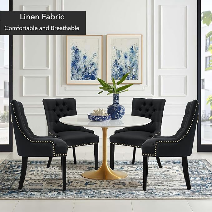 Modern Leisure Linen Dining Chairs Set of 4, Upholstered Dining Chair with Solid Wood Legs, Mid-Century Dining Room Chairs with Pull Ring and Tufted Backrest, Black