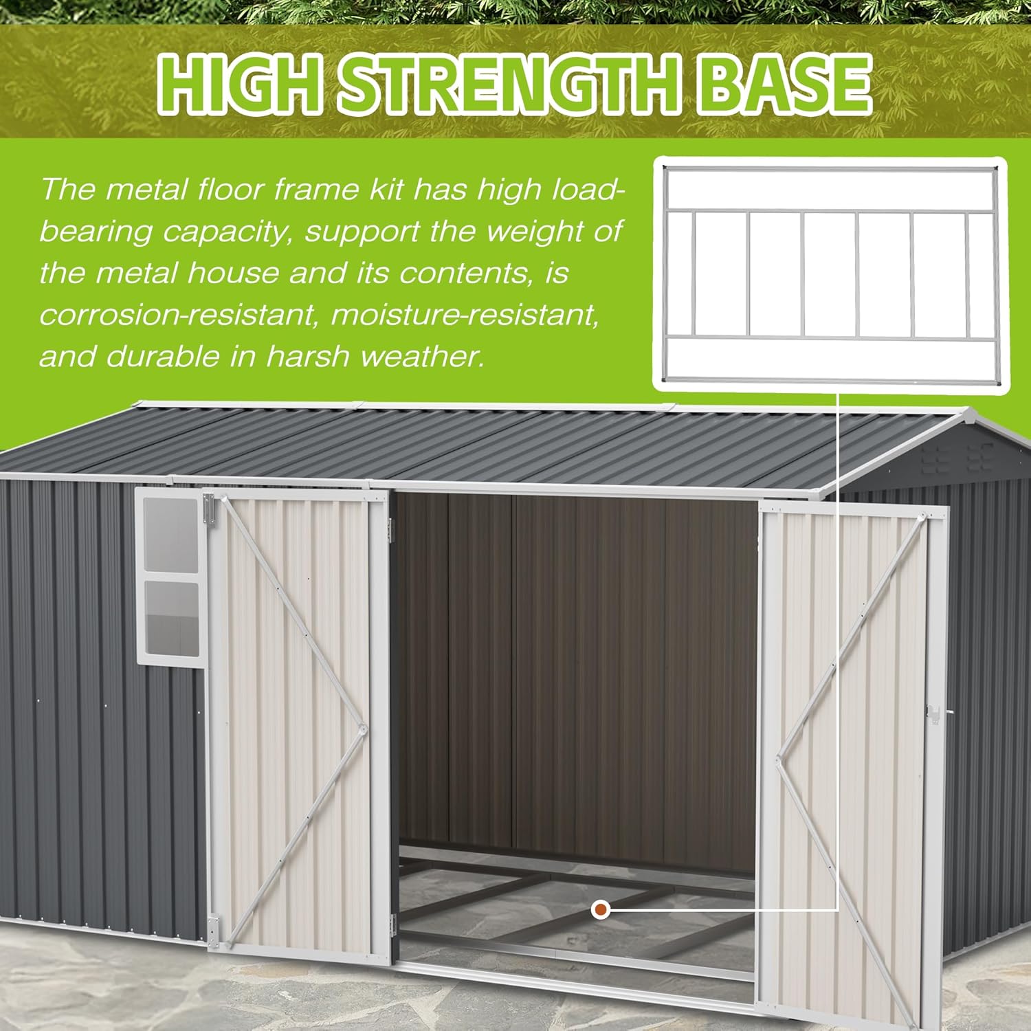 8x12 FT Outdoor Metal Storage Shed with Window & Floor Frame, Lockable Double Doors, Weatherproof Steel Tool Shed for Garden, Backyard, Lawn Equipment, and Patio Storage
