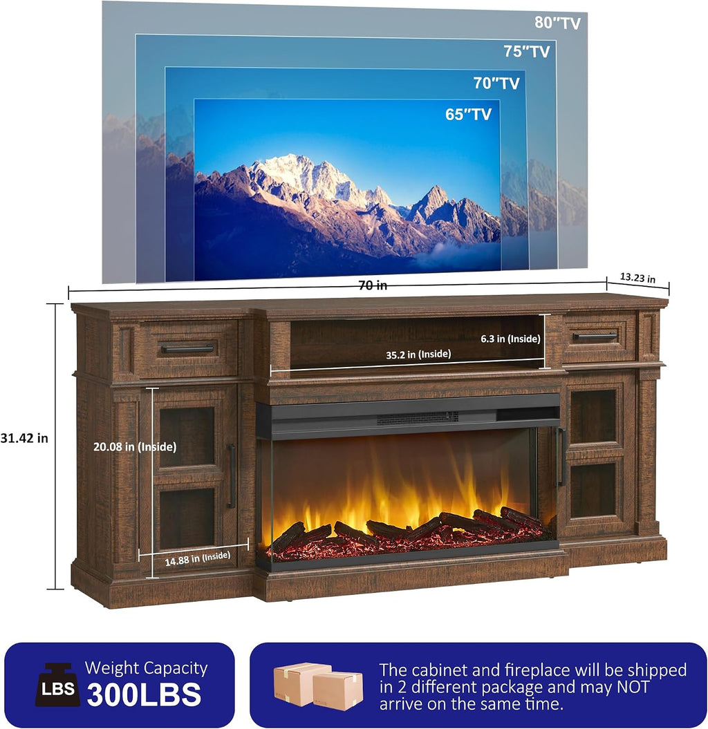 3-Side Fireplace TV Stand for up to 80 Inch TV, LED Entertainment Center with 36 Inch Electric Fireplace, Farmhouse TV Console Table w/Drawers & Cabinets for Living Room, Cherry