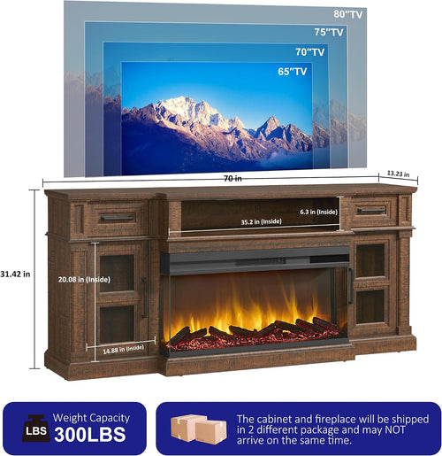 3-Side Fireplace TV Stand for up to 80 Inch TV, LED Entertainment Center with 36 Inch Electric Fireplace, Farmhouse TV Console Table w/Drawers & Cabinets for Living Room, Cherry