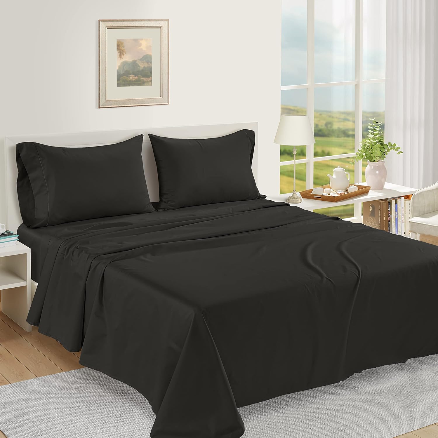 LANE LINEN Pillows Queen Size Set of 2, Soft 100% Egyptian Cotton, Cool & Smooth Pillow Cases - Black