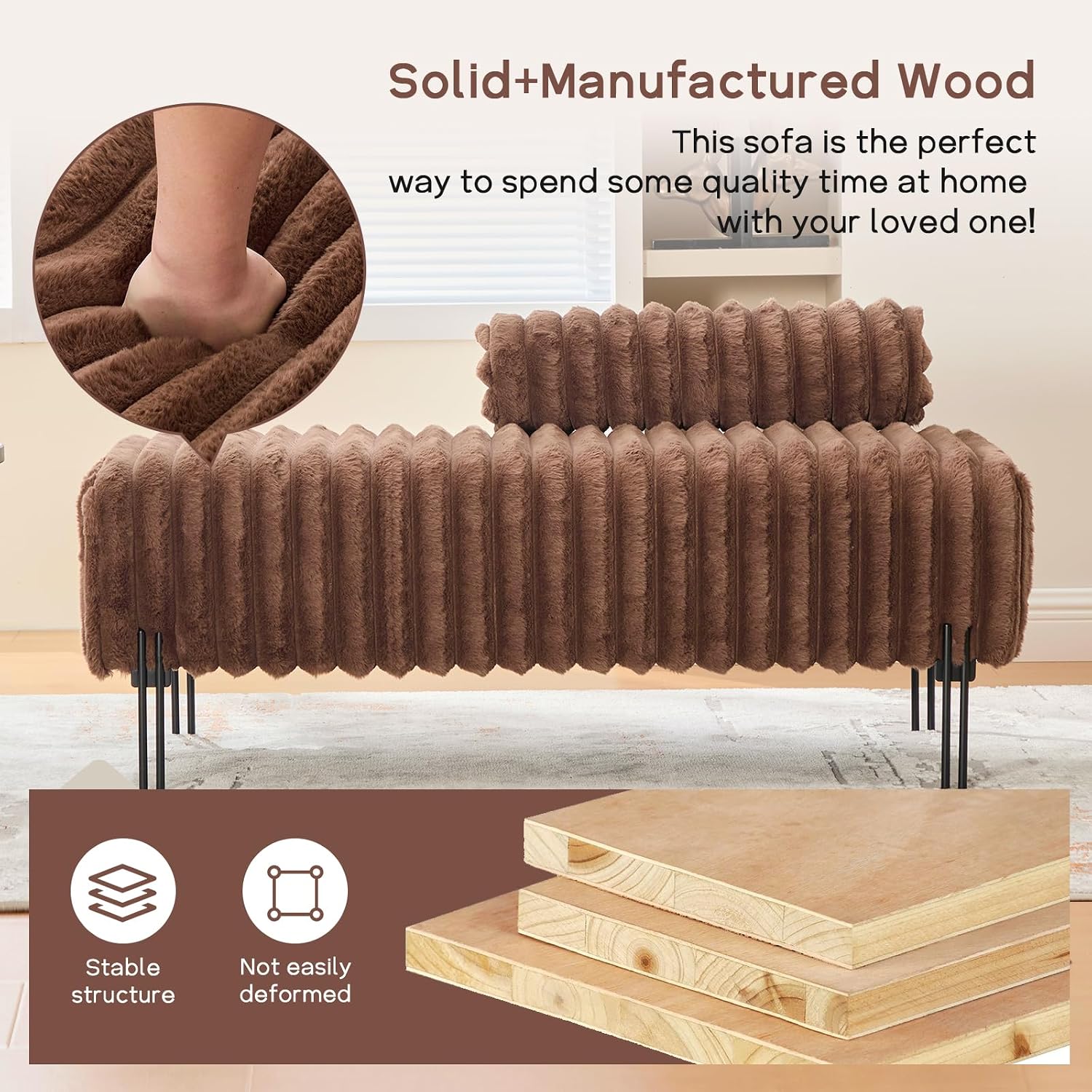 NIOIIKIT 53.2" Loveseat Sofa Couch with Adjustable Backrest, Accent Sofa | Upholstered Small Faux Fur Couch, Golden Legs, Leisure 2-seater Sofa for Bedroom, Living Room, Compact Small Space, Brown