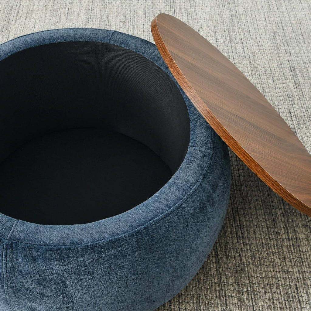 2 in 1 Round Storage Ottoman, Convertible End Table Ottoman with Small Seat, Multi-Functional Padded Hidden Storage Ottoman for Living Room Bedroom (Dark Blue)