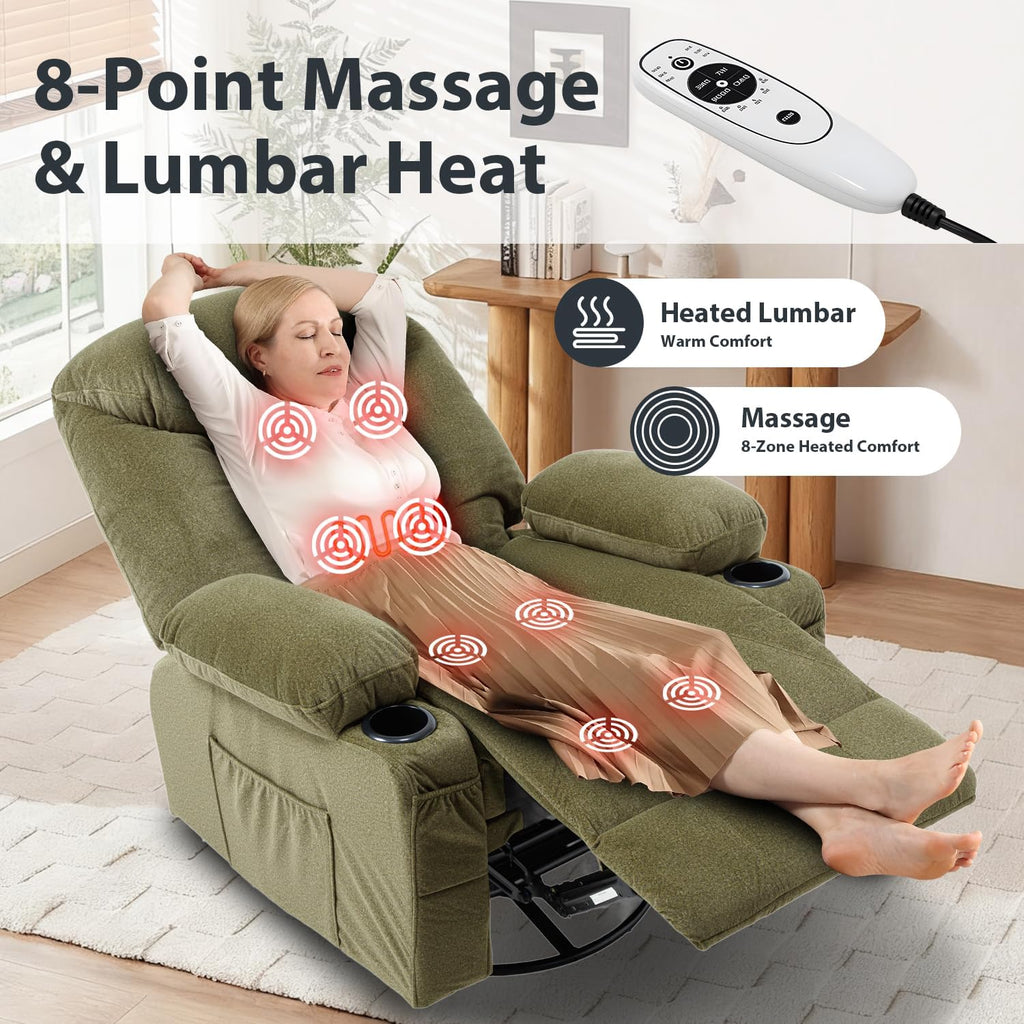 Oversized Massage Swivel Rocker Recliner Nursery Rocking Glider Chair Green | Fabric Manual Recliner with Heat Massage, Overstuffed, Cup Holders, USB Charging Port, Nursery Glider Chair