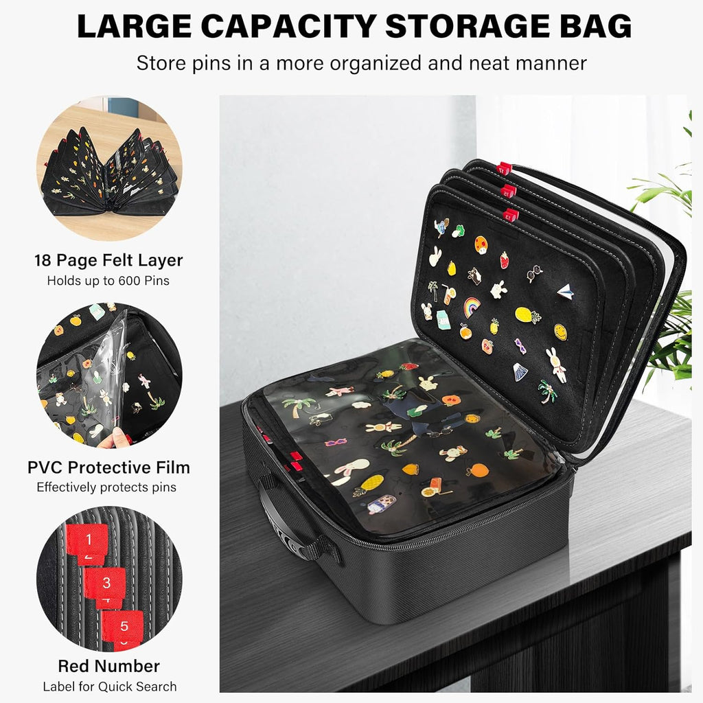 Enamel Pin Display Bag EVA Hard Shell Pin Trading Book, 18 Page Collectible Pin Board, Pin Display Case for Collectors, Suitable for Storing Enamel Pins, Sports Pins, Earrings and Brooches