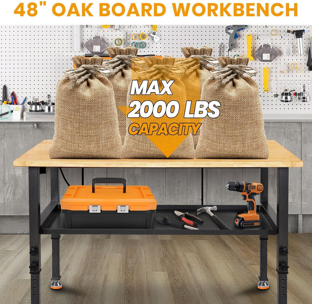 48"/60'' Adjustable Workbench, Rubber Wood Top Work Bench Heavy-Duty Work Table w/Power Outlet, Partition,2000 LBS Load Capacity Work Benches for Garage, Workshop, Home, Office, Easy Assembly