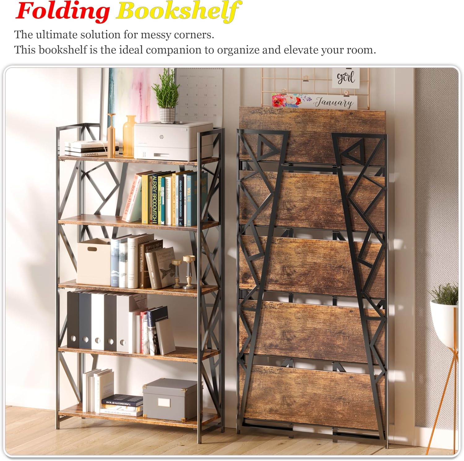 UDD No Assembly Wide Folding Bookshelf, 64.3" H x 30.9" W, 5 Tier Foldable Book Shelf Industrial Bookcase, Vintage Collapsible Storage Shelves for Home Office Living Room Bedroom, Rustic Brown Black