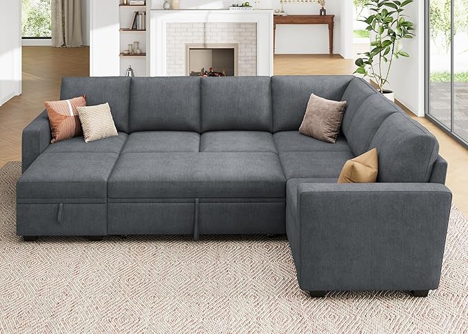 HONBAY Modular Sectional Couch with Pull Out Bed, Chenille Sleeper Sofa with Storage Seats Ottoman, U Shaped Sectional Couches for Living Room, Bluish Grey
