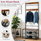 Hall Tree Coat Rack with Bench and Shoe Storage, 3-in-1 Entryway Organizer with Top Hook Rail, Wooden Seat and 2-Tier Shoe Rack, Freestanding Coat Rack for Hallway, Bedroom, and doorway