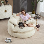 Oversized Fluffy Chenille Lounge Sofa - Extra Deep Seat Cozy Reading Circle Couch for Living Room | Indoor Lounge & Oversized Round Accent Design (Beige)