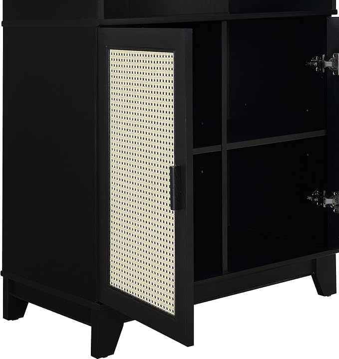Manhattan Comfort Sheridan Modern Cane Bookcase with Adjustable Open Shelves, Soft Close Doors, and Concealed Compartments, Versatile 3 Tier Bookshelf Storage for Home and Office, Set of 1, Black