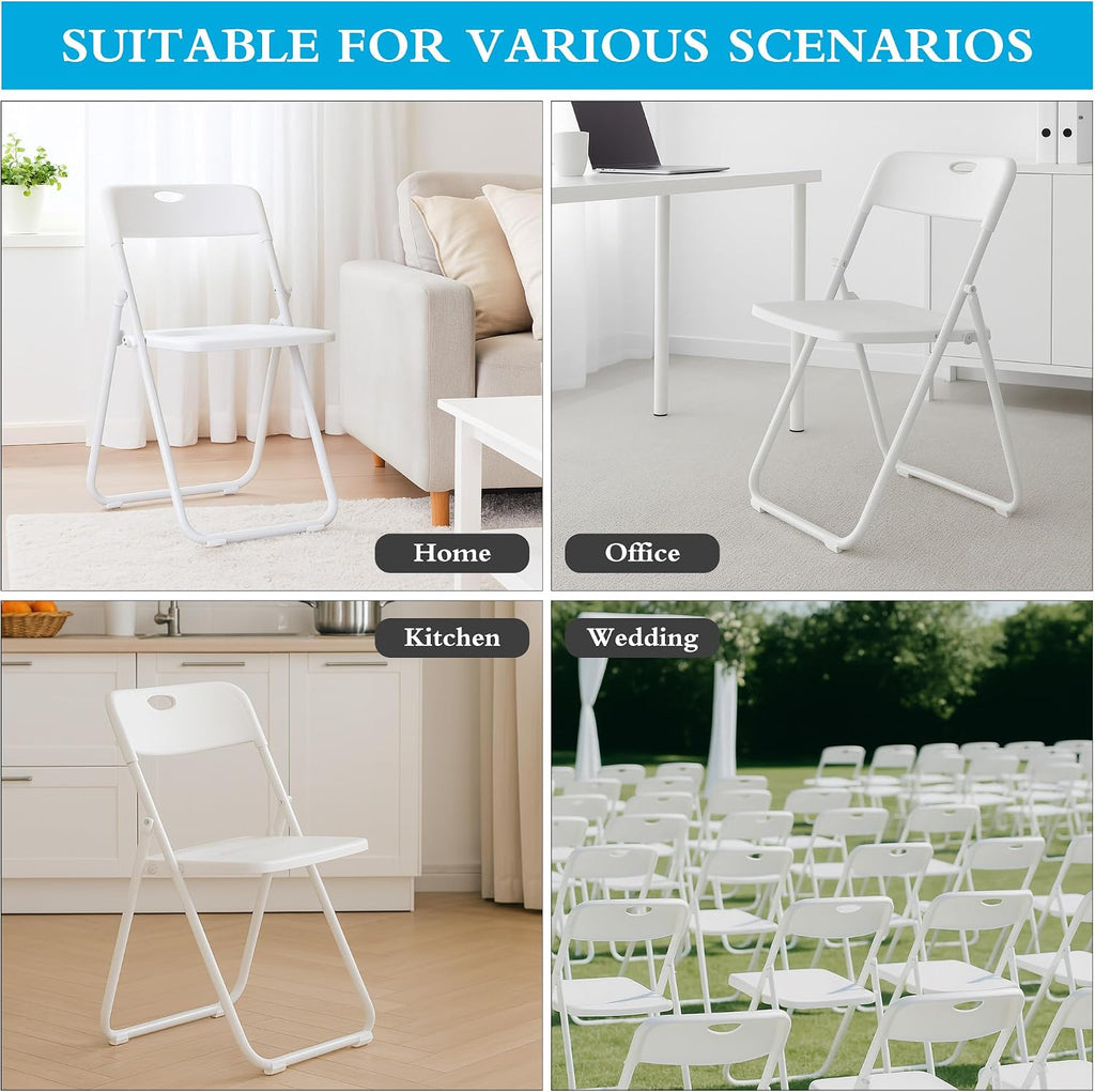 40 Pack White Plastic Folding Chairs, Indoor Outdoor Portable Stackable Commercial Seats with Steel Frame for Home Office Wedding Party Events Kitchen Dining, 350lb Capacity