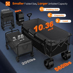 48" L Folding Beach Wagon Cart Foldable, 560lbs Weight Capacity 300L Heavy Duty Collapsible Wagons with Big All-Terrain Wheels, Utility Carts for Groceries, Shopping, Camping, Sports - Grey&Black