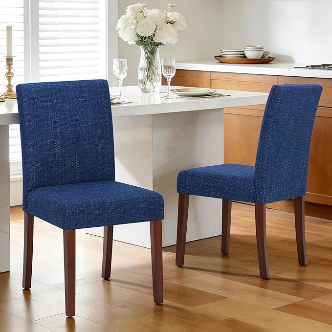 Upholstered Dining Chairs Set of 2 - Line Fabric Modern Farmhouse Kitchen Chairs,Mid-Back Dining Room Chairs with Wooden Legs