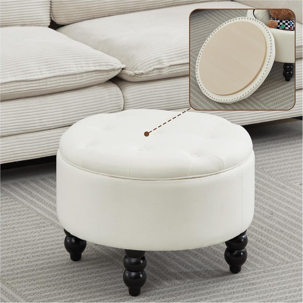 24 Inch Fabric Round Ottoman with Storage, Modern Upholstered Button Tufted O...