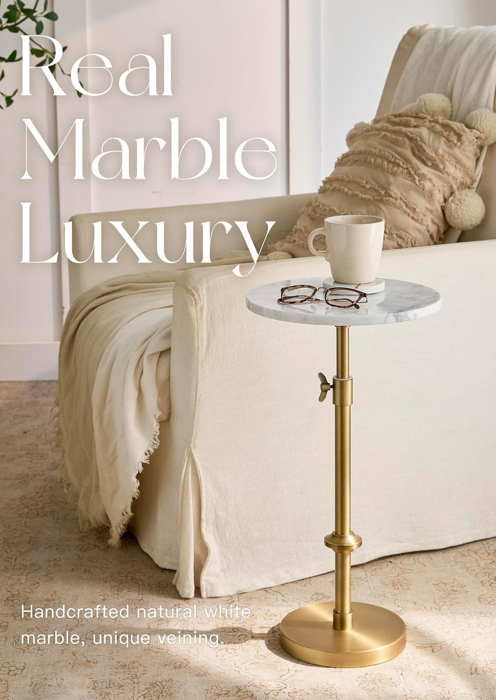 Adjustable 12" White Marble Drink Table with 2 Coasters, Antique Brass⁠ ...