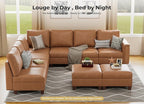SITJOY 118" Faux Leather Modular Sectional Sofa with Storage, Mid Century Modern Sectional Couches for Living Room, Soft Padded Armrests, 9 Seat L Shaped Couch with Ottoman, Brown
