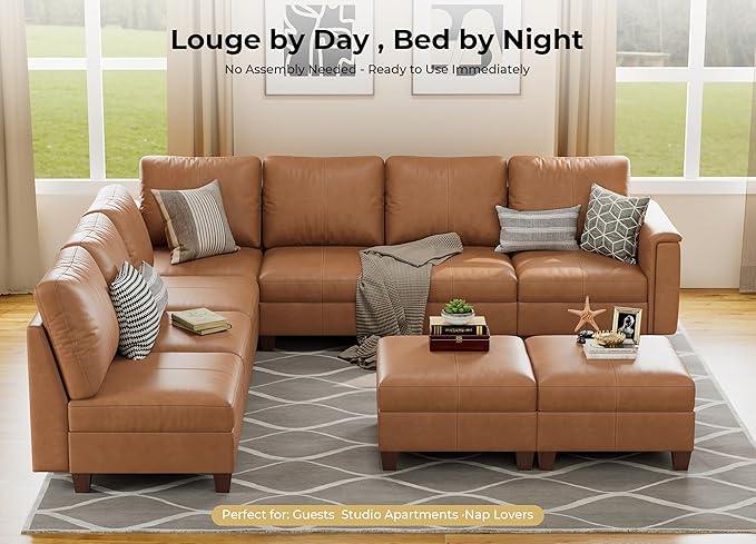 SITJOY 118" Faux Leather Modular Sectional Sofa with Storage, Mid Century Modern Sectional Couches for Living Room, Soft Padded Armrests, 9 Seat L Shaped Couch with Ottoman, Brown