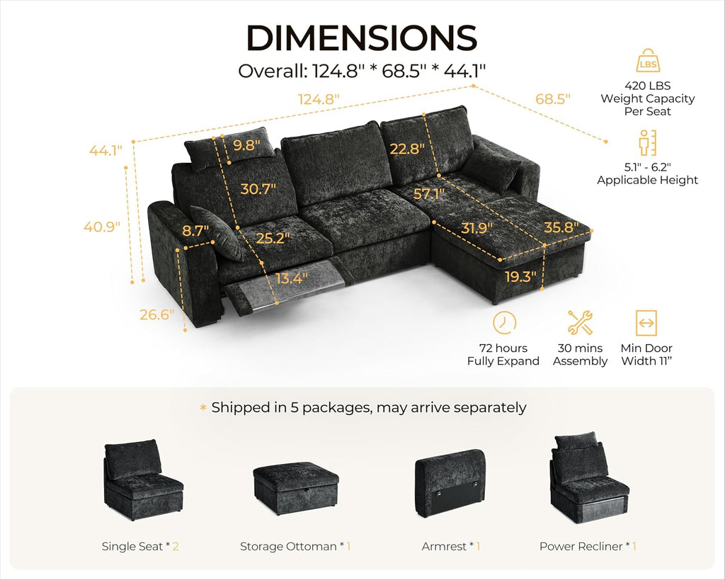 124.8'' Oversized Power Recliner Sofa with Headrest, Extra Wide Modular Cloud Sectional Reclining Couch, Convertible 4-Seater with Storage Ottoman for Home Theater Living Room, Chenille, Black
