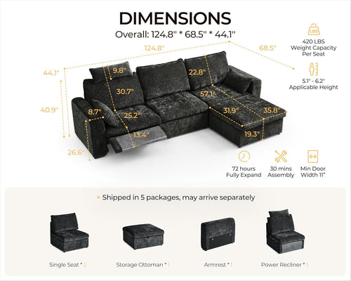 124.8'' Oversized Power Recliner Sofa with Headrest, Extra Wide Modular Cloud Sectional Reclining Couch, Convertible 4-Seater with Storage Ottoman for Home Theater Living Room, Chenille, Black