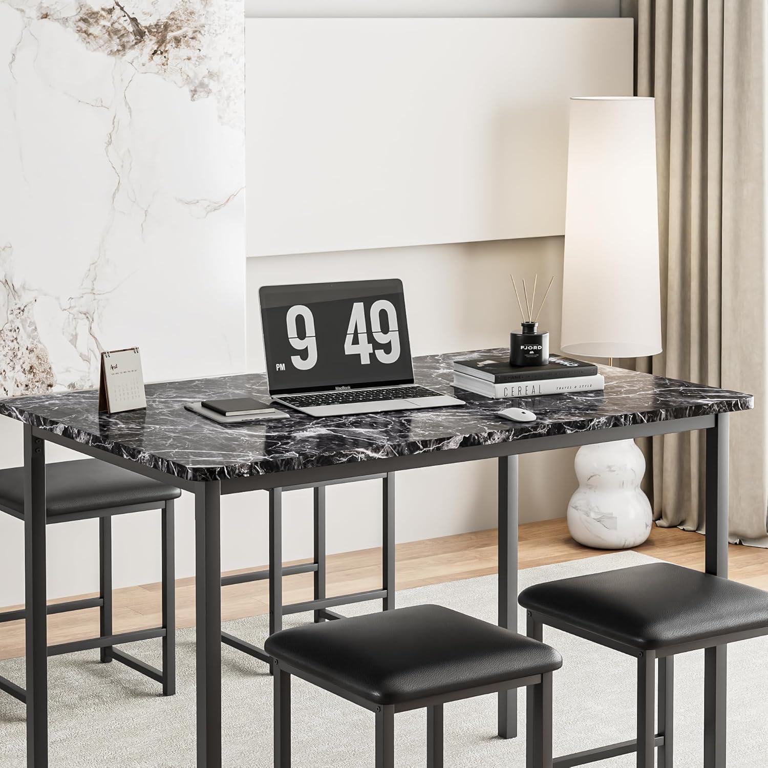 VECELO Kitchen Table and Chairs for 4, Dining Room Set with PU Chairs/Stools, Heavy-Duty Metal Frame, Faux Marble Tabletop, Space-Saving Design for Small Spaces, Easy Assembly, Veined Black