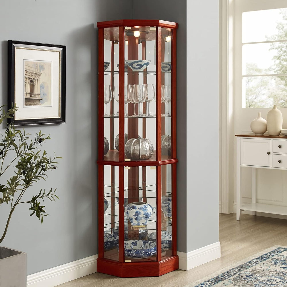Corner Curio Cabinet, 70" Tall Lighted Glass Display Cage with Tempered ...