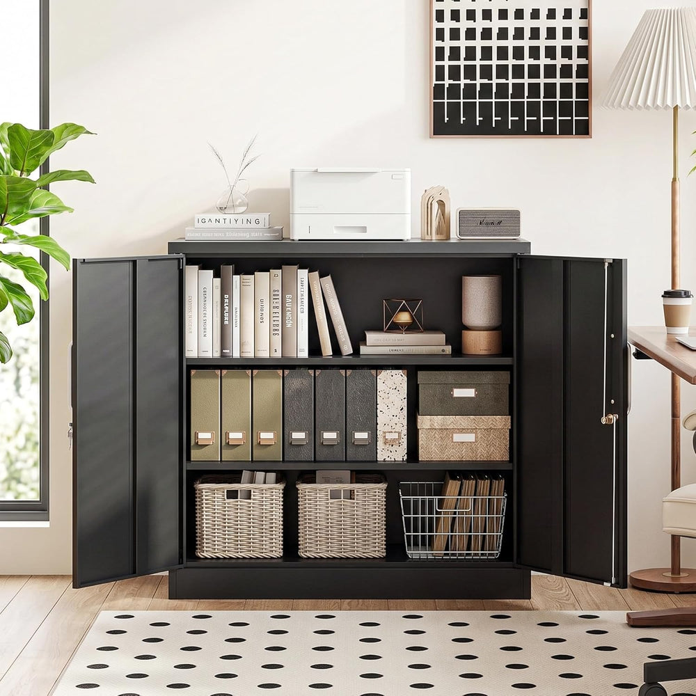 Metal Storage Cabinet with Locking Doors, 35.4" Steel Locker Organizer w...