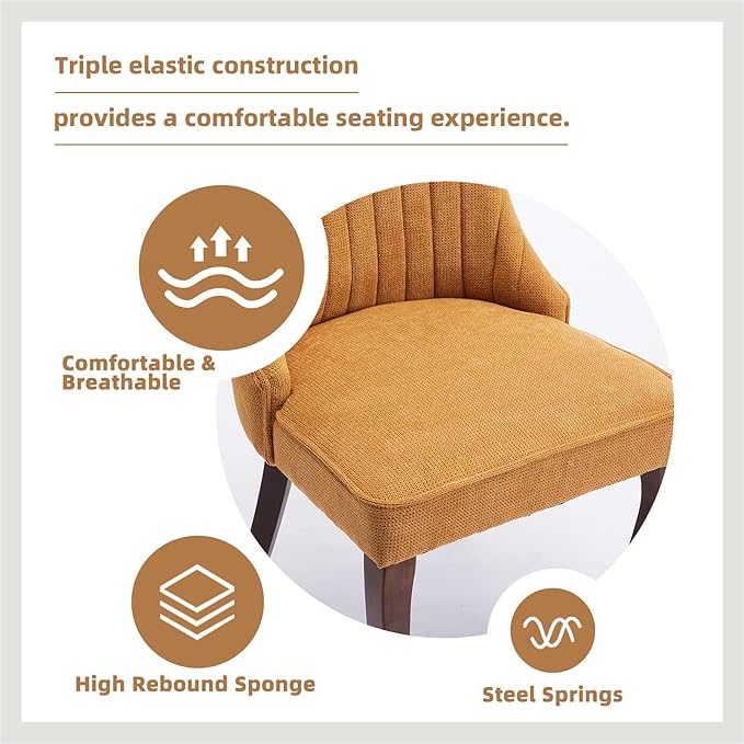 Dining Chairs Set of 4，Linen Channel Tufted Kitchen Dining Room Chair with Curved Solid Wood Legs, Comfortable Fabric Upholstered Dining Chair for Dining Room, (Gold, 4pc)