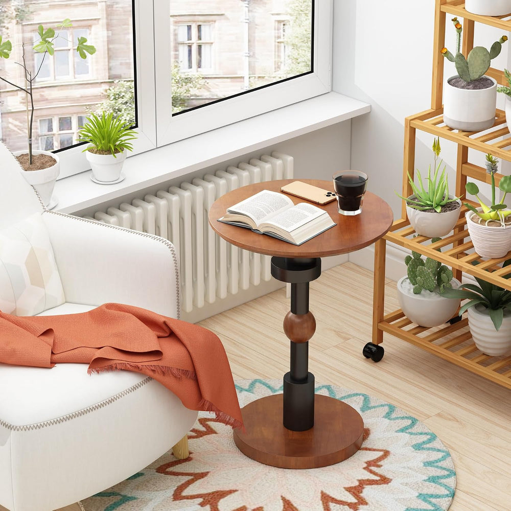 Round End Table, 100% Solid Wood Mid Century Modern Pedestal Side Table, Smal...
