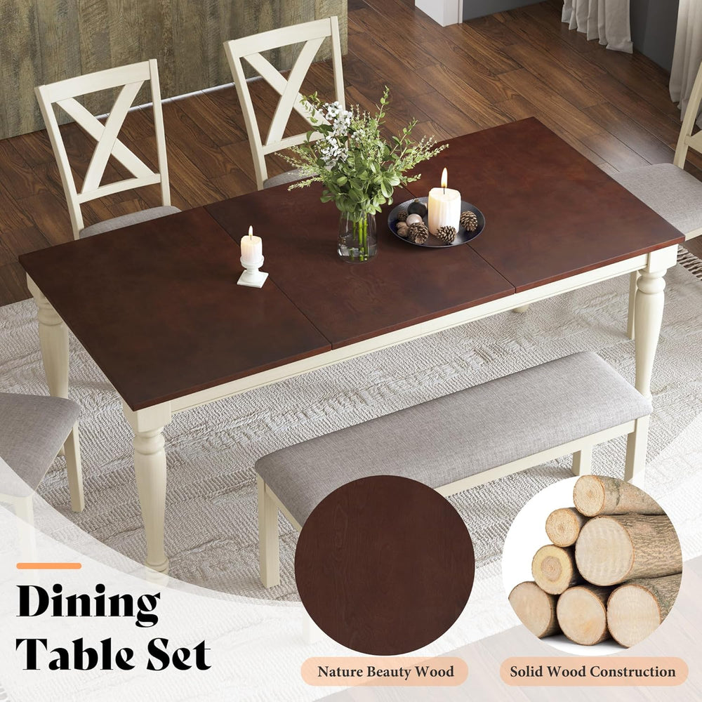 AMERLIFE 6-Piece Farmhouse Dining Table Set for 6-7, 71" Solid Wood Kitc...