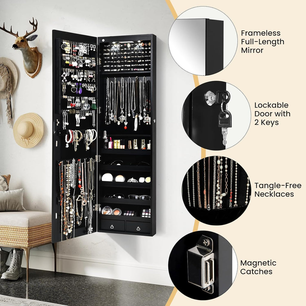Giantex Wall Door Mounted Jewelry Armoire Cabinet with 47.5" H Full Length Mirror, 2 LEDs Lockable Jewelry Organizer Box with Bracelet Rod, 2 Drawers, Large Storage Capacity (Black)
