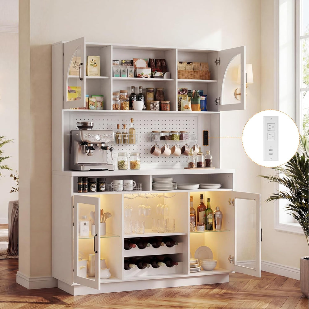 71" Tall Kitchen Pantry Storage Cabinet with LED Lights & Charging S...