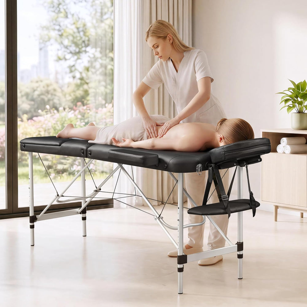 Yaheetech Aluminum Folding Massage Table with Stool Height Adjustable Black