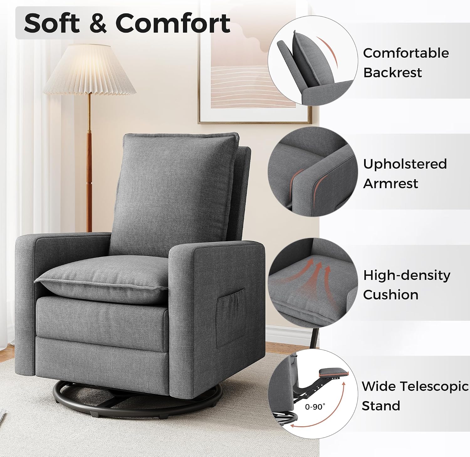 Swivel Glider Recliner for Adult Indoor Upholstered Lounge Nursery Chair Single Sofa with Side Pockets for Living Room Bedroom
