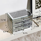 Mirrored Jewelry Box, 3-Layer Glass Jewelry Organizer with Lid & 2 Drawers, Silver Crushed Diamond Home Decor, Fancy Gift for Her (9.3" L x 6.3" W x 7.1" H)