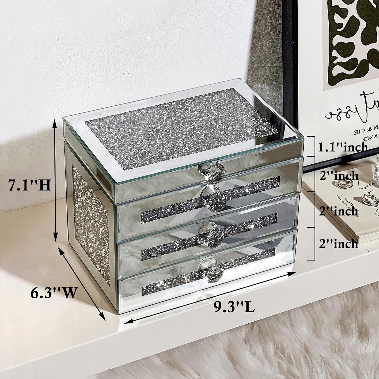 Mirrored Jewelry Box, 3-Layer Glass Jewelry Organizer with Lid & 2 Drawers, Silver Crushed Diamond Home Decor, Fancy Gift for Her (9.3" L x 6.3" W x 7.1" H)