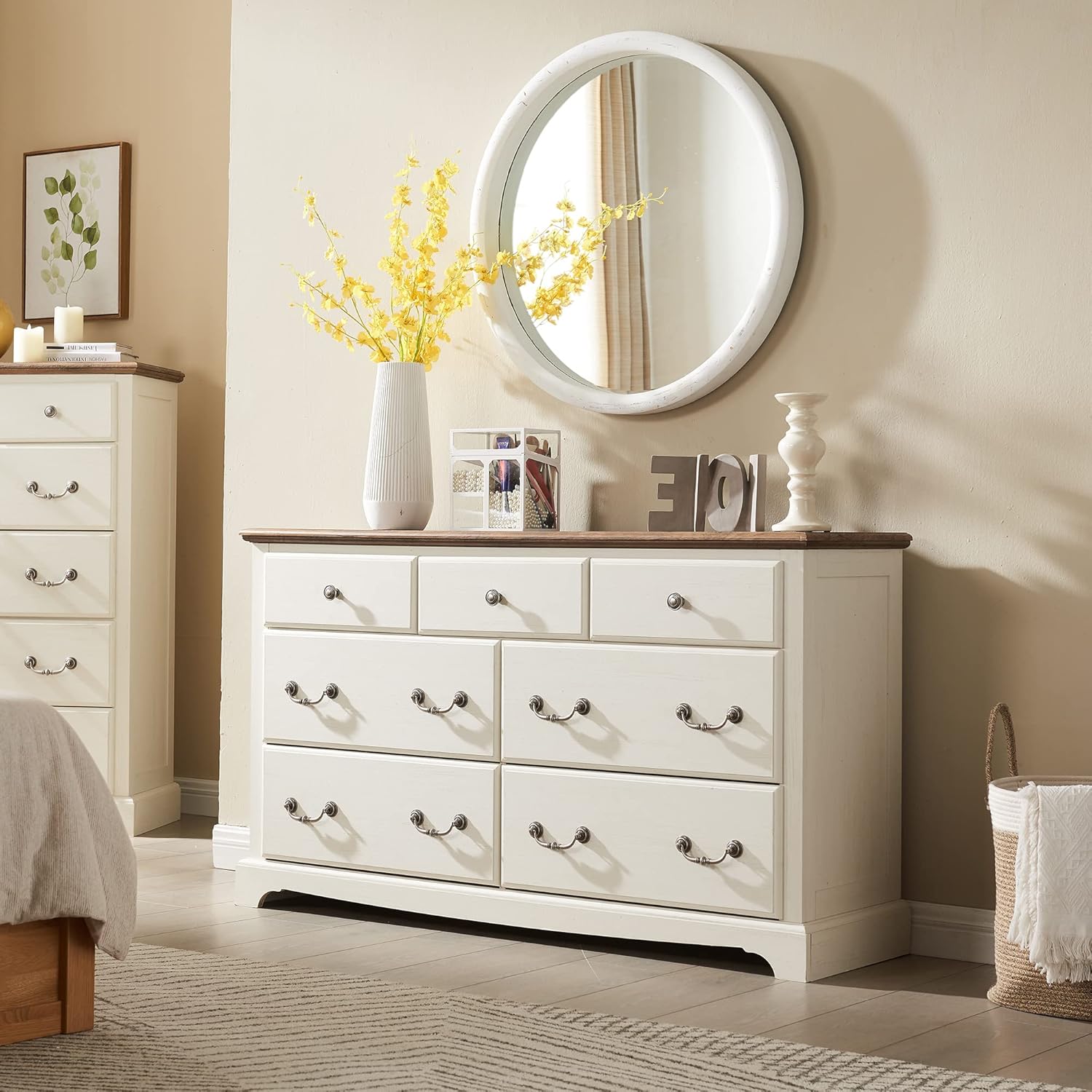 T4TREAM 7 Drawers Dresser Chests for Bedroom, Wood Vintage Chests of Drawers, Rustic Dressers Chset Organizer for Bedroom, Living Room, Hallway, Antique White