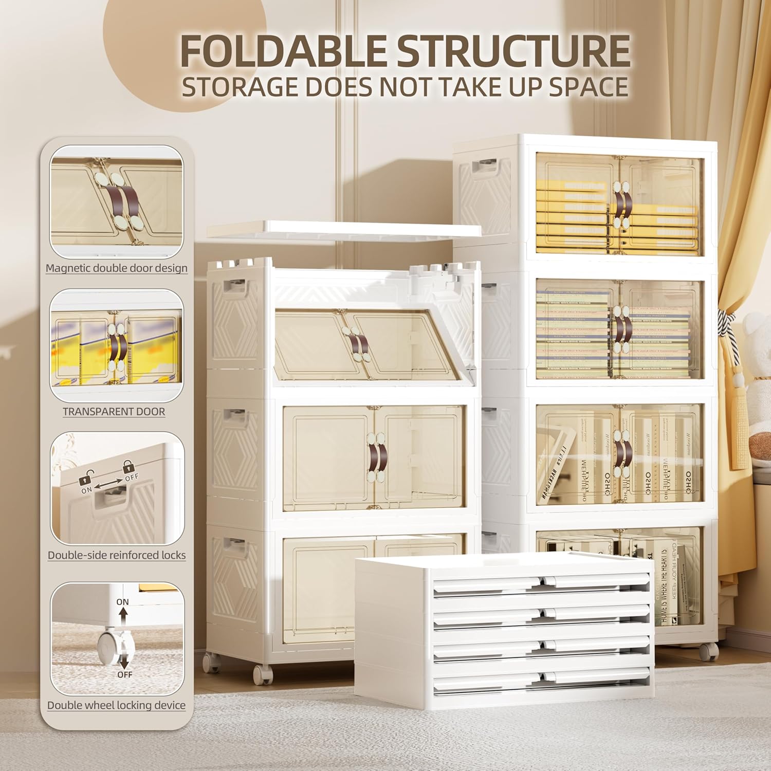 200 QT / 50 Gal Rolling Foldable Storage Cabinet with Stackable Feature - Double Magnetic Doors, Leather Handles, Durable Plastic for Closet/Office, Easy Assembly & Move