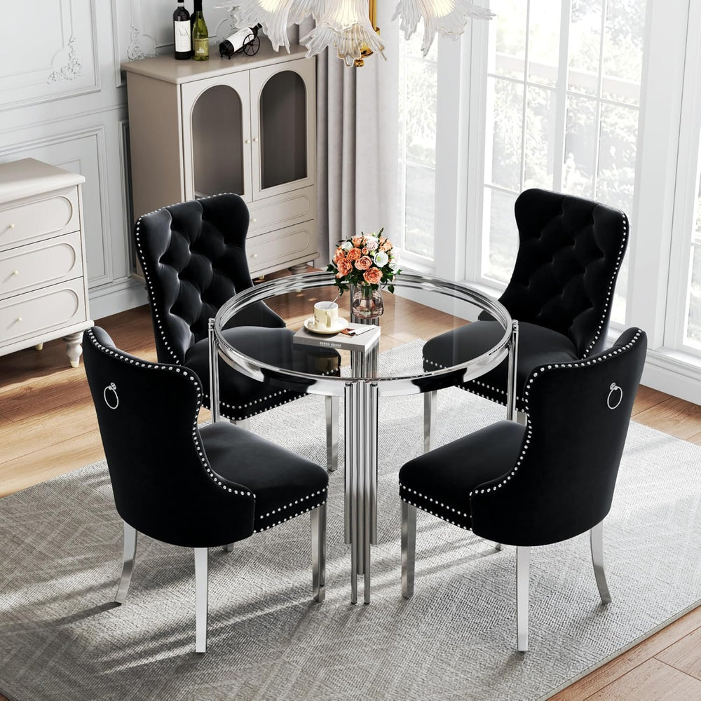 Luxury Round Glass Silver Dining Table Set for 4, 5-Piece Modern Kitchen Tabl...