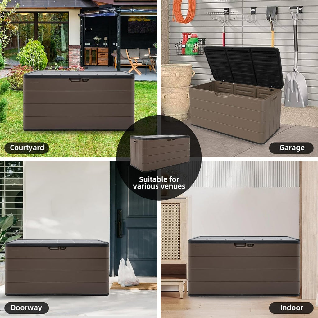 100 Gallon Plus Outdoor Storage Box Waterproof Lockable Resin Deck Box Large, Patio Storage Bin for Pool Accessories Cushion Furniture, Garden Tools, UV-Resistant Outside Delivery Brown