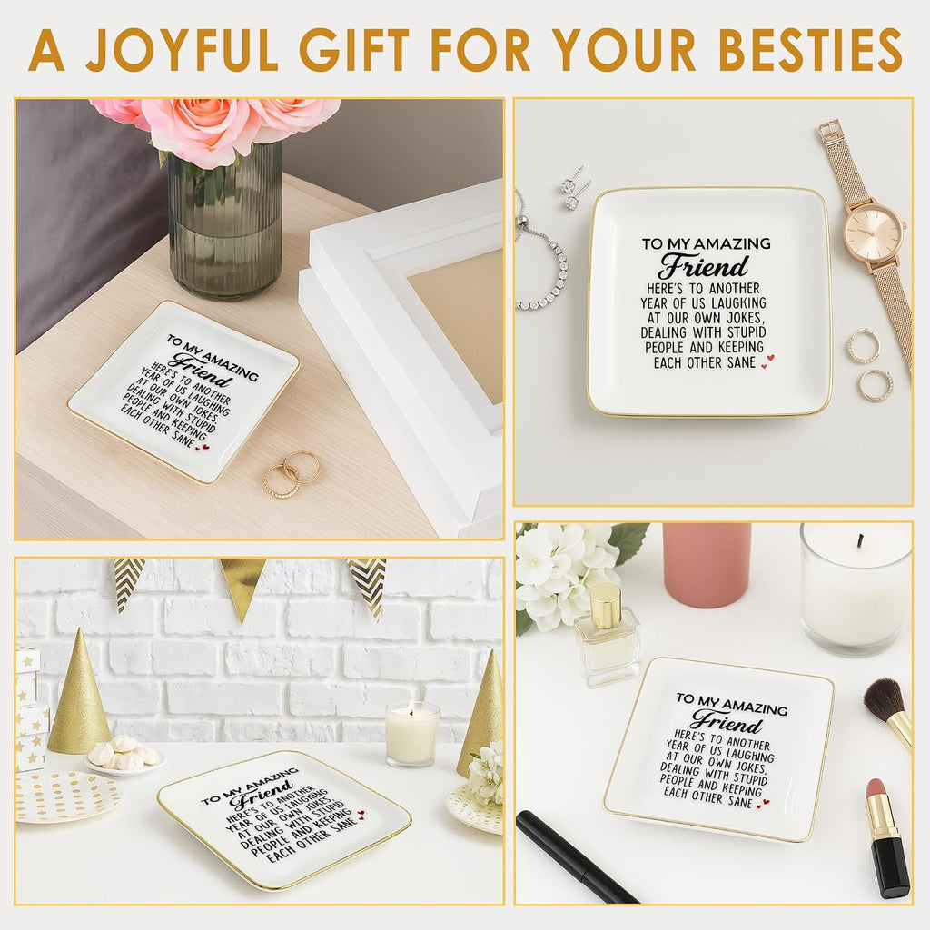 Funny Gift for Besties - Friendship Jewelry Dish for Women BFFs on Birthday Christmas, 4" Ceramic Ring Trinket Tray Here's Another Year - Unique Gift for Sisters Coworkers Classmates