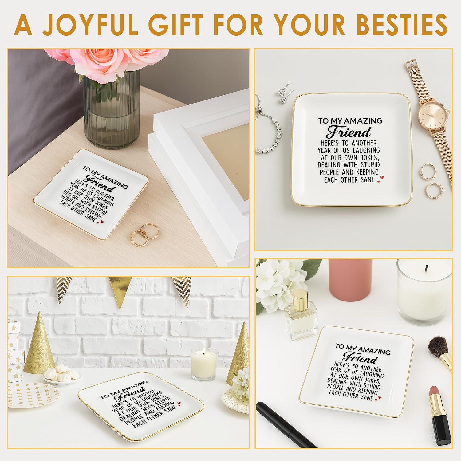 Funny Gift for Besties - Friendship Jewelry Dish for Women BFFs on Birthday Christmas, 4" Ceramic Ring Trinket Tray Here's Another Year - Unique Gift for Sisters Coworkers Classmates