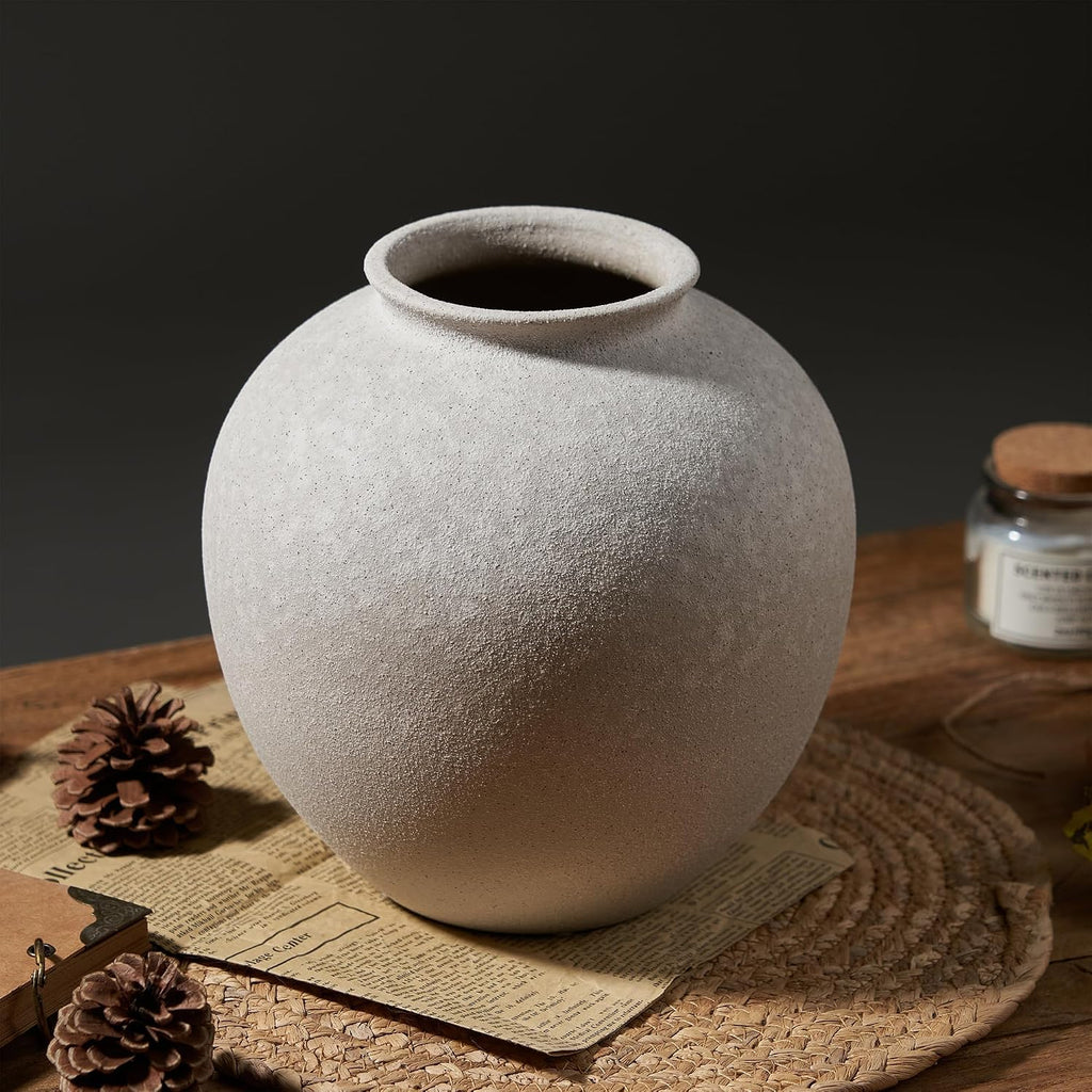 7.8 Inch White Ceramic Vase, Rustic Farmhouse Décor | Round stone-look finish, fits dried flowers, greenery, table centerpieces, weddings, holidays, bathroom, and entryway
