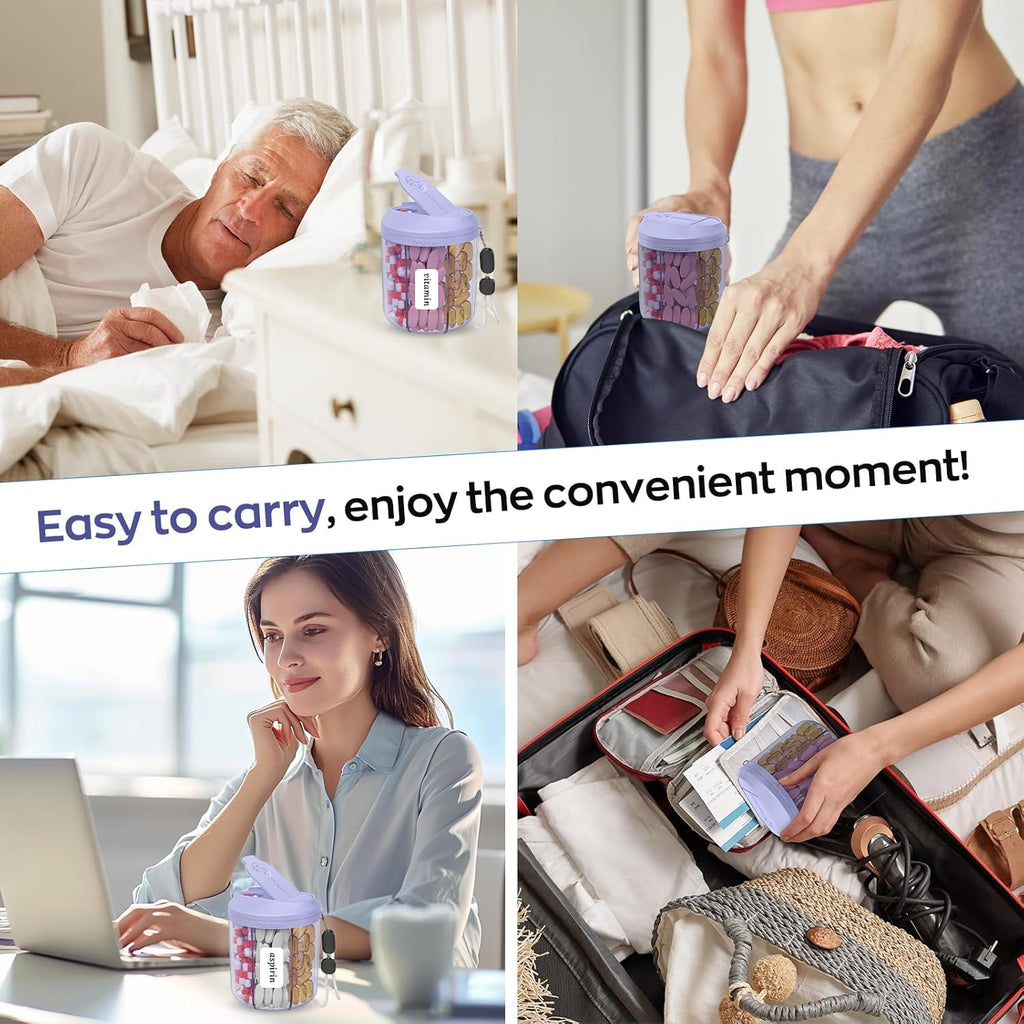 Pill Dispenser with 7 Large Compartments, 4.4" H x 3.6" Dia Pill Organizer for Travel, Supplement Organizer with Anti-Mixing Design, BPA-Free Pill Container with 20 Pcs Labels, Purple