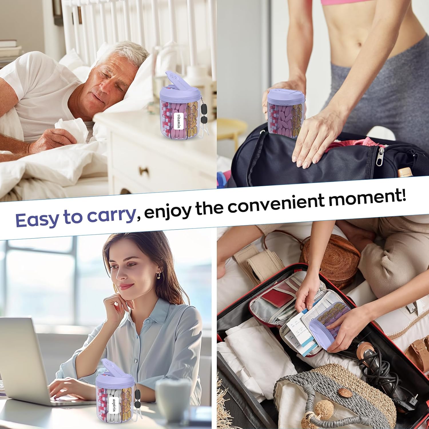 Pill Dispenser with 7 Large Compartments, 4.4" H x 3.6" Dia Pill Organizer for Travel, Supplement Organizer with Anti-Mixing Design, BPA-Free Pill Container with 20 Pcs Labels, Purple