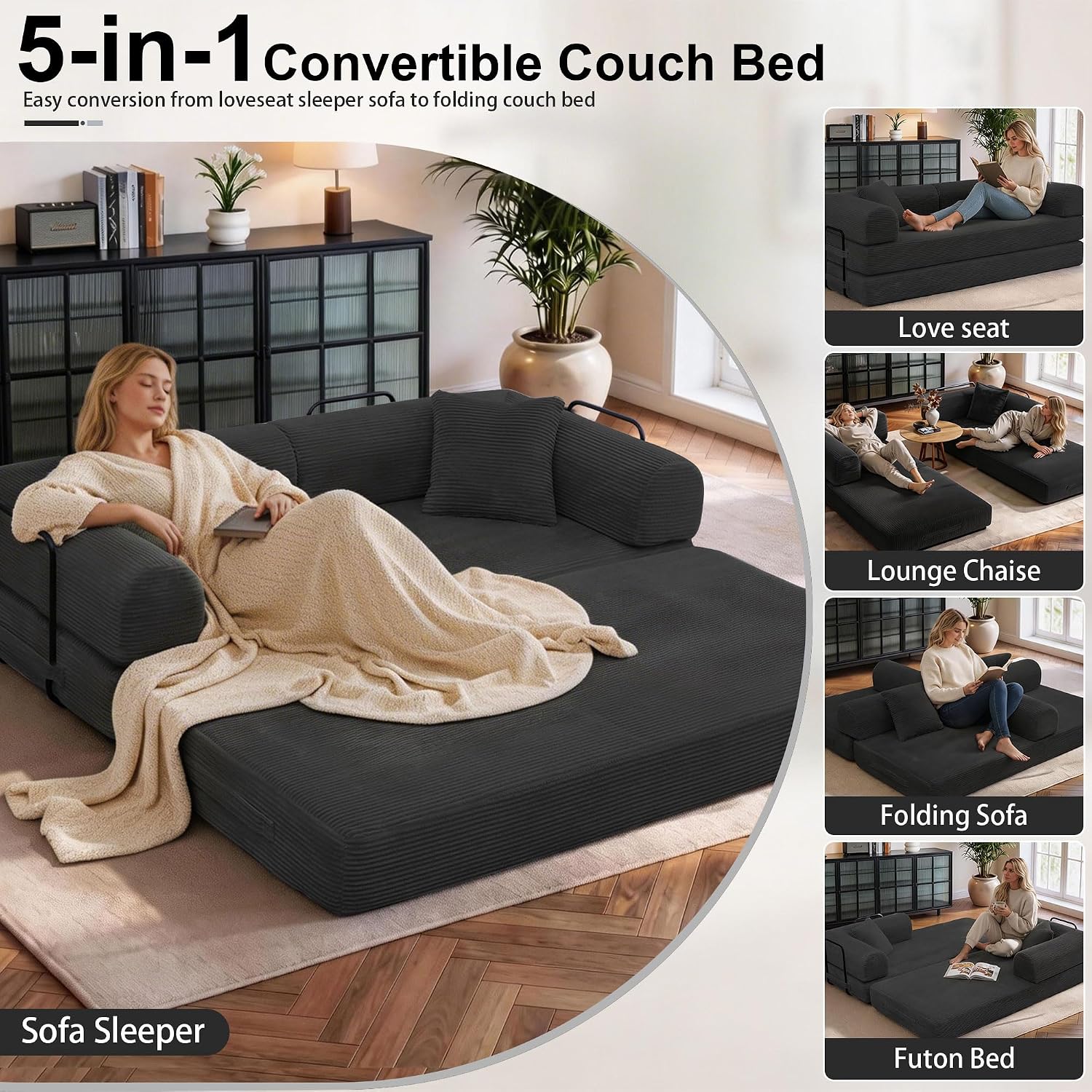 JJJ 78 inch Boneless Sofa Bed Sleeper Couch | Versatile Futon Sofa, Corduroy Fabric, Convertible Couch Bed, No Assembly